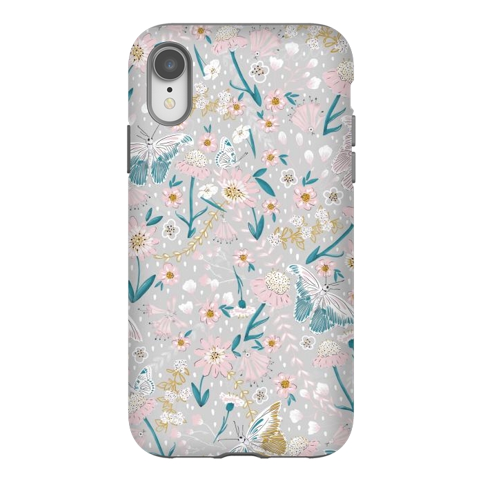 iPhone Xr StrongFit Delicate Daisies and Butterflies half-drop repeat pattern by Paula Ohreen