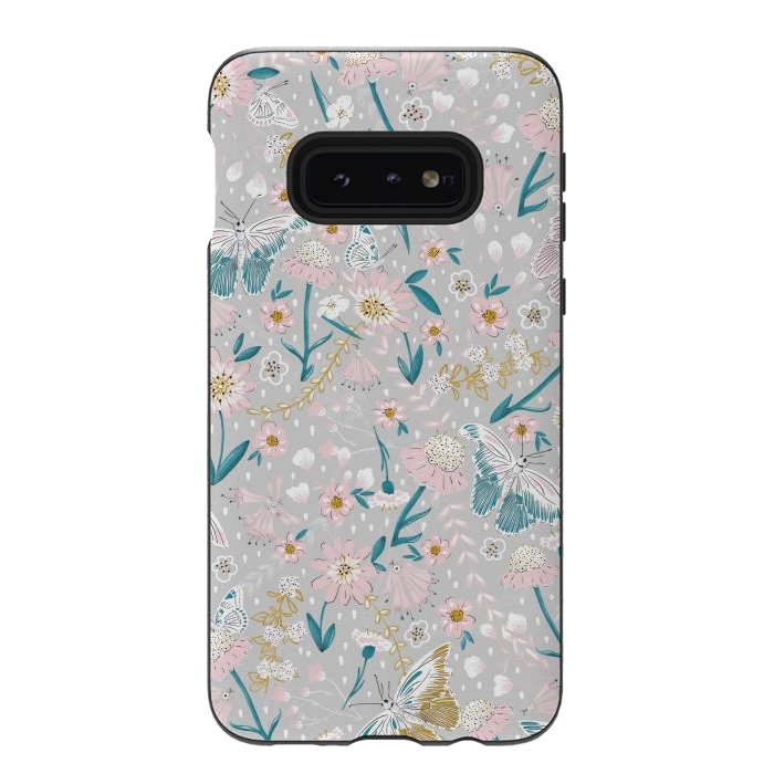 Galaxy S10e StrongFit Delicate Daisies and Butterflies half-drop repeat pattern by Paula Ohreen