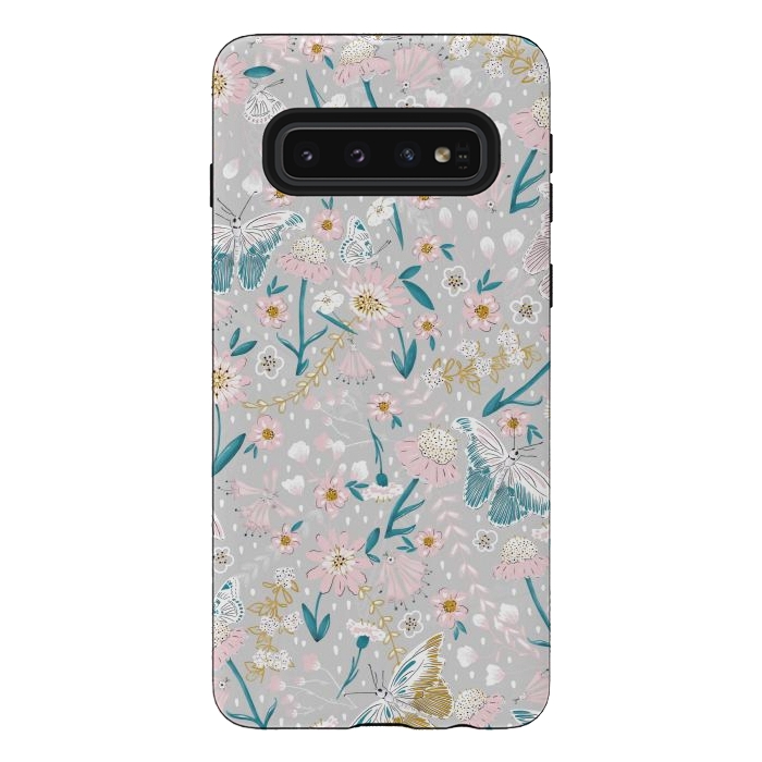 Galaxy S10 StrongFit Delicate Daisies and Butterflies half-drop repeat pattern by Paula Ohreen