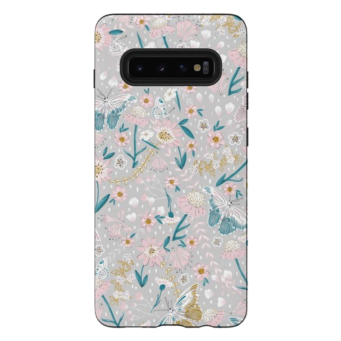 Galaxy S10 plus StrongFit Delicate Daisies and Butterflies half-drop repeat pattern by Paula Ohreen