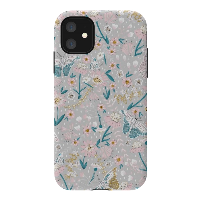 iPhone 11 StrongFit Delicate Daisies and Butterflies half-drop repeat pattern by Paula Ohreen