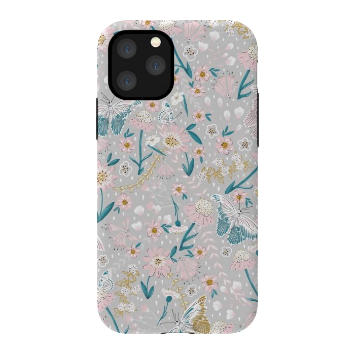 iPhone 11 Pro StrongFit Delicate Daisies and Butterflies half-drop repeat pattern by Paula Ohreen