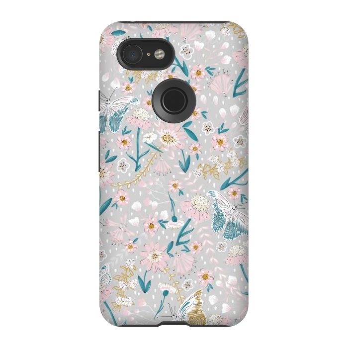 Pixel 3 StrongFit Delicate Daisies and Butterflies half-drop repeat pattern by Paula Ohreen