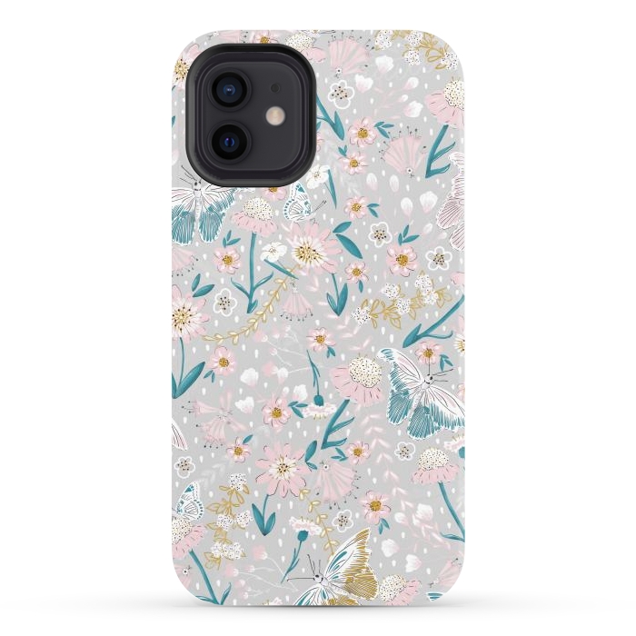 iPhone 12 StrongFit Delicate Daisies and Butterflies half-drop repeat pattern by Paula Ohreen