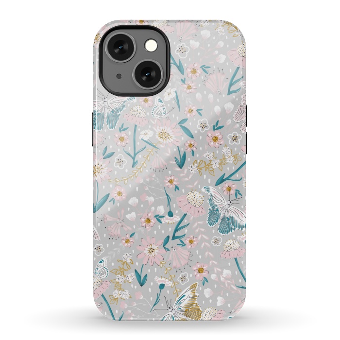iPhone 13 StrongFit Delicate Daisies and Butterflies half-drop repeat pattern by Paula Ohreen
