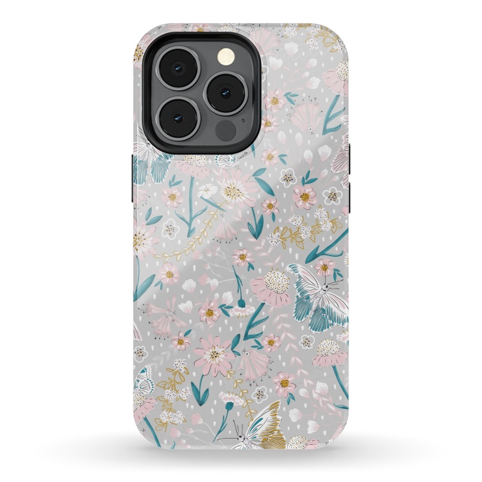 iPhone 13 pro StrongFit Delicate Daisies and Butterflies half-drop repeat pattern by Paula Ohreen