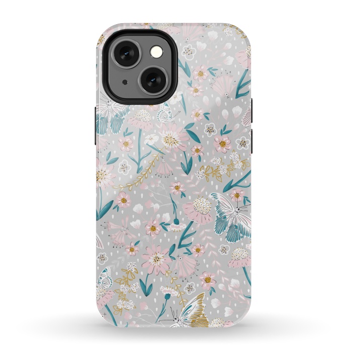 iPhone 13 mini StrongFit Delicate Daisies and Butterflies half-drop repeat pattern by Paula Ohreen