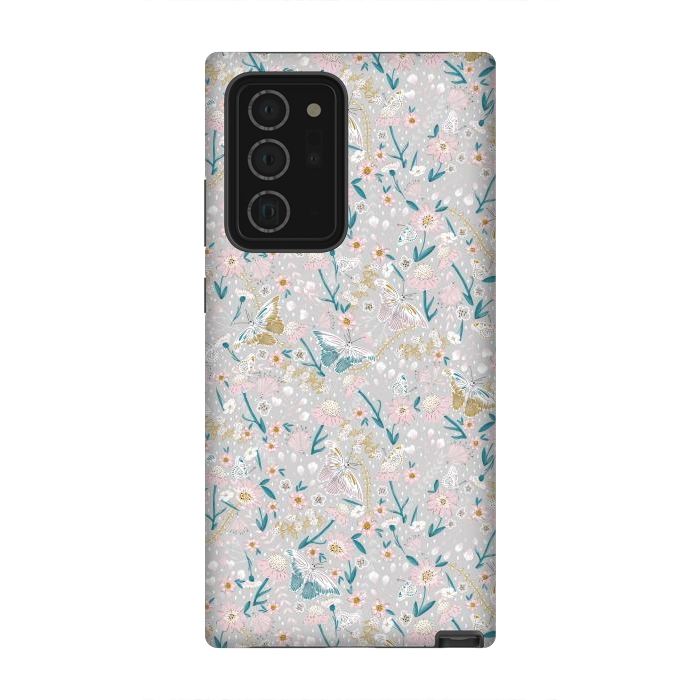 Galaxy Note 20 Ultra StrongFit Delicate Daisies and Butterflies half-drop repeat pattern by Paula Ohreen