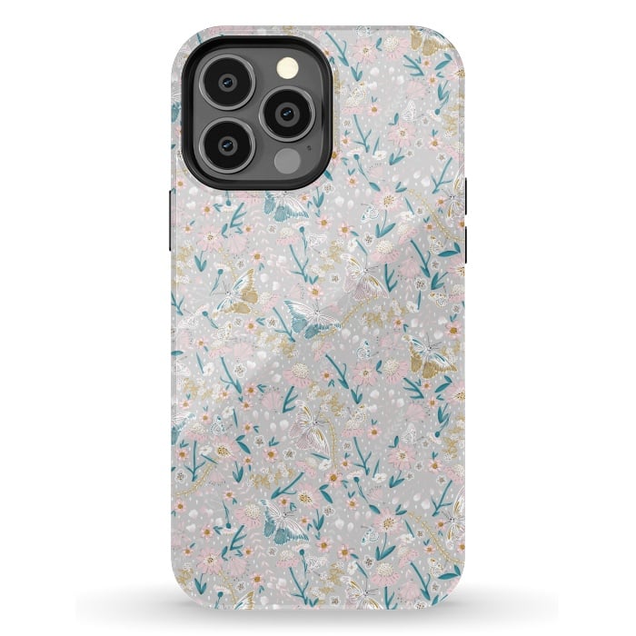 iPhone 13 Pro Max StrongFit Delicate Daisies and Butterflies half-drop repeat pattern by Paula Ohreen