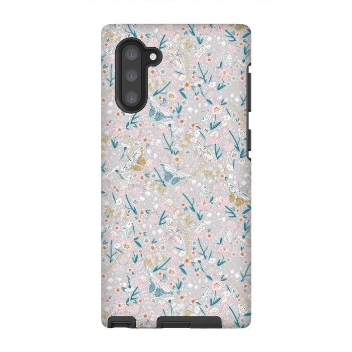 Galaxy Note 10 StrongFit Delicate Daisies and Butterflies half-drop repeat pattern by Paula Ohreen