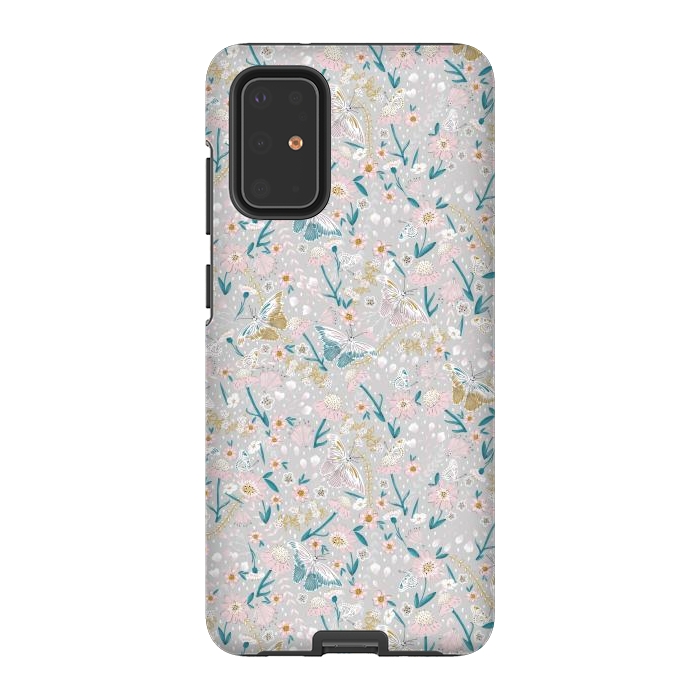 Galaxy S20 Plus StrongFit Delicate Daisies and Butterflies half-drop repeat pattern by Paula Ohreen