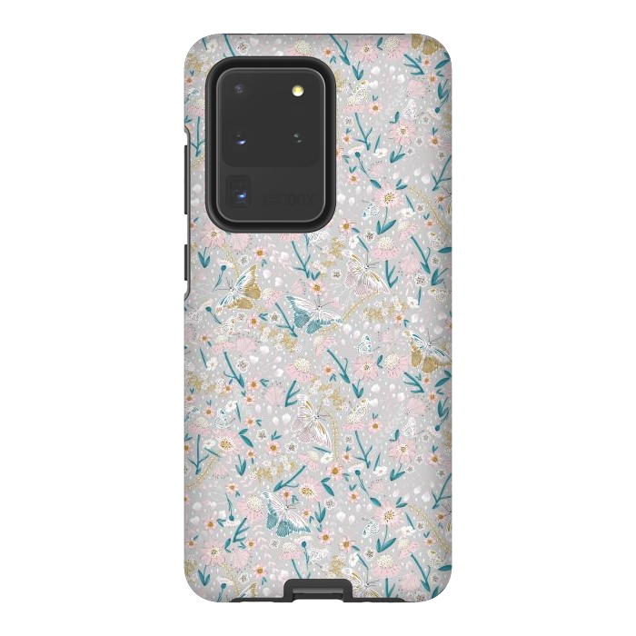 Galaxy S20 Ultra StrongFit Delicate Daisies and Butterflies half-drop repeat pattern by Paula Ohreen