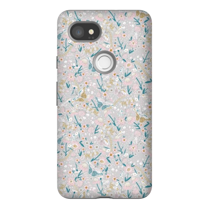 Pixel 2XL StrongFit Delicate Daisies and Butterflies half-drop repeat pattern by Paula Ohreen