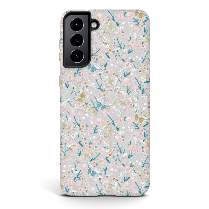 Galaxy S21 StrongFit Delicate Daisies and Butterflies half-drop repeat pattern by Paula Ohreen