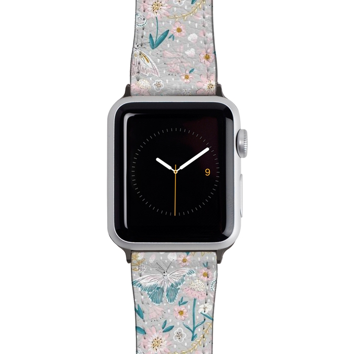 Watch 38mm / 40mm Strap PU leather Delicate Daisies and Butterflies half-drop repeat pattern by Paula Ohreen