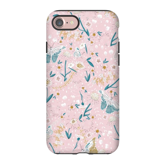 iPhone 7 StrongFit Delicate Daisies and Butterflies half-drop repeat pattern on Pink by Paula Ohreen