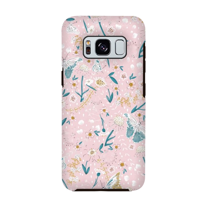 Galaxy S8 StrongFit Delicate Daisies and Butterflies half-drop repeat pattern on Pink by Paula Ohreen