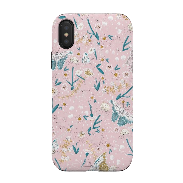 iPhone Xs / X StrongFit Delicate Daisies and Butterflies half-drop repeat pattern on Pink by Paula Ohreen