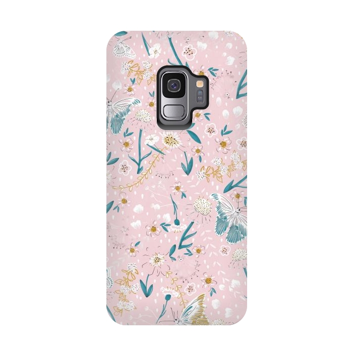 Galaxy S9 StrongFit Delicate Daisies and Butterflies half-drop repeat pattern on Pink by Paula Ohreen