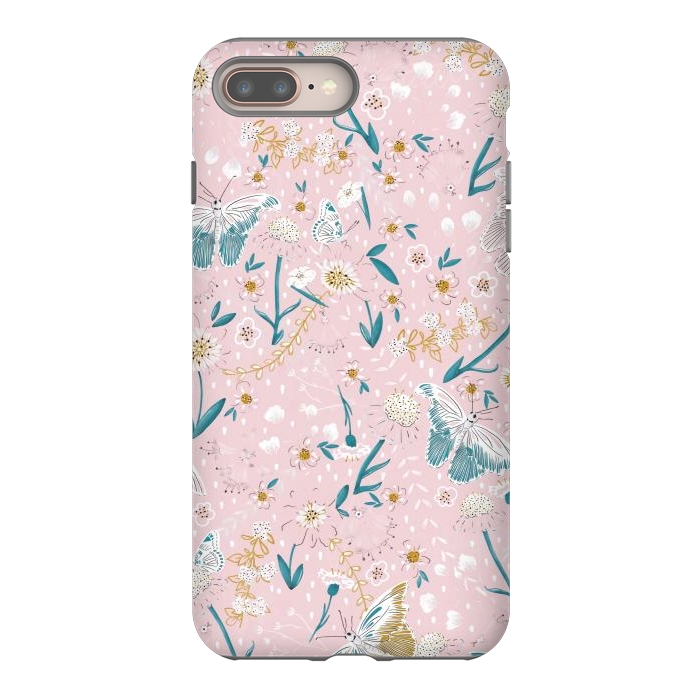 iPhone 8 plus StrongFit Delicate Daisies and Butterflies half-drop repeat pattern on Pink by Paula Ohreen