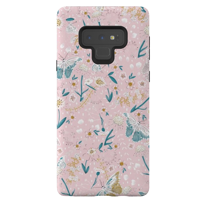 Galaxy Note 9 StrongFit Delicate Daisies and Butterflies half-drop repeat pattern on Pink by Paula Ohreen