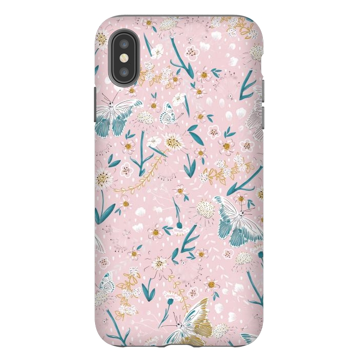 iPhone Xs Max StrongFit Delicate Daisies and Butterflies half-drop repeat pattern on Pink by Paula Ohreen