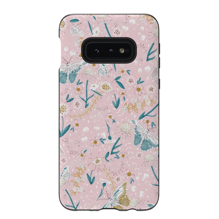 Galaxy S10e StrongFit Delicate Daisies and Butterflies half-drop repeat pattern on Pink by Paula Ohreen