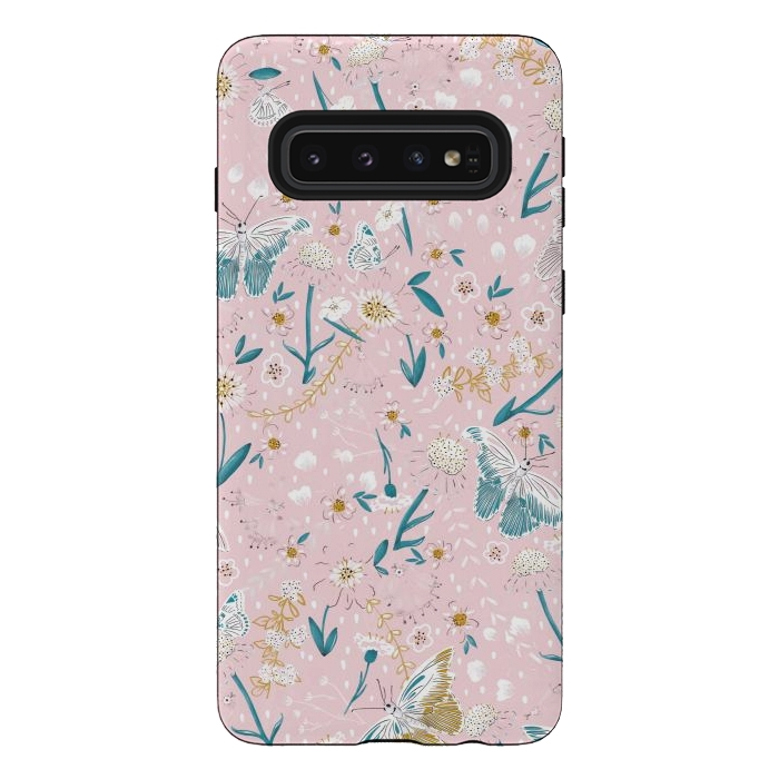 Galaxy S10 StrongFit Delicate Daisies and Butterflies half-drop repeat pattern on Pink by Paula Ohreen