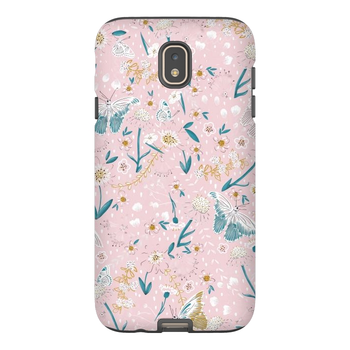 Galaxy J7 StrongFit Delicate Daisies and Butterflies half-drop repeat pattern on Pink by Paula Ohreen