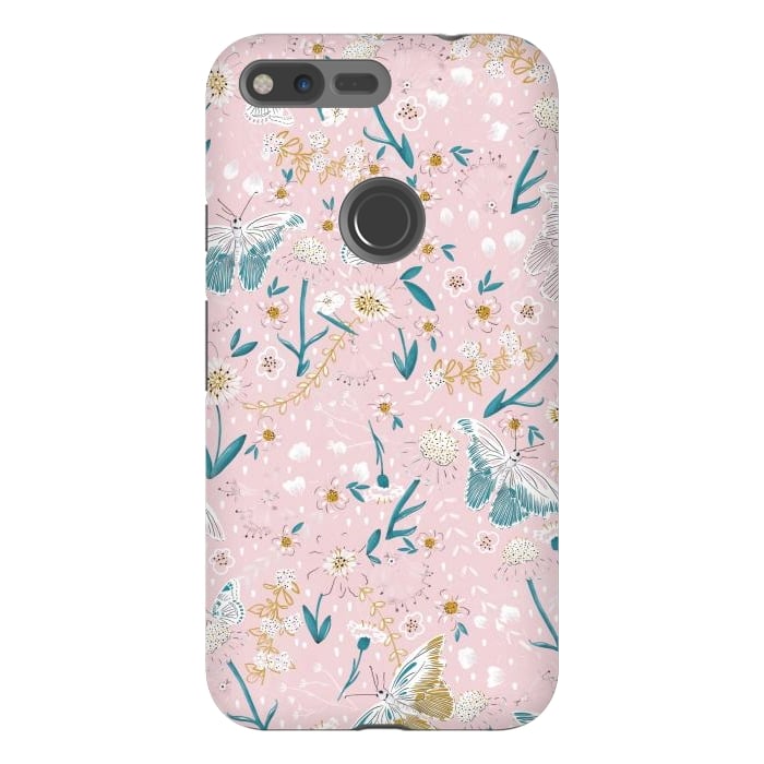 Pixel XL StrongFit Delicate Daisies and Butterflies half-drop repeat pattern on Pink by Paula Ohreen