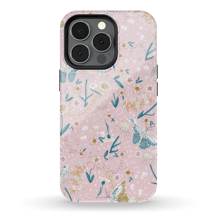 iPhone 13 pro StrongFit Delicate Daisies and Butterflies half-drop repeat pattern on Pink by Paula Ohreen