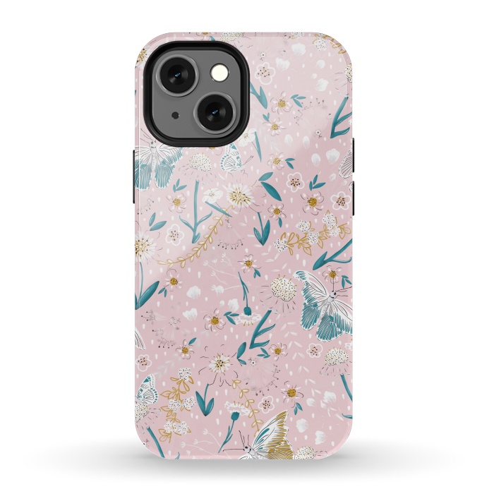 iPhone 13 mini StrongFit Delicate Daisies and Butterflies half-drop repeat pattern on Pink by Paula Ohreen