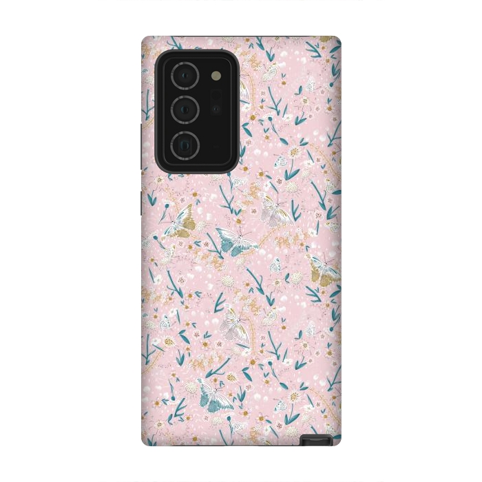 Galaxy Note 20 Ultra StrongFit Delicate Daisies and Butterflies half-drop repeat pattern on Pink by Paula Ohreen