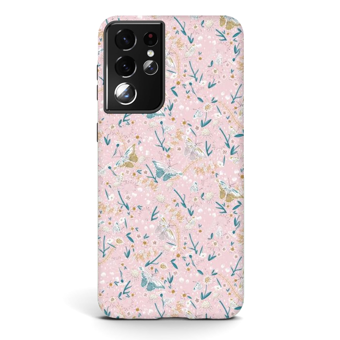 Galaxy S21 ultra StrongFit Delicate Daisies and Butterflies half-drop repeat pattern on Pink by Paula Ohreen