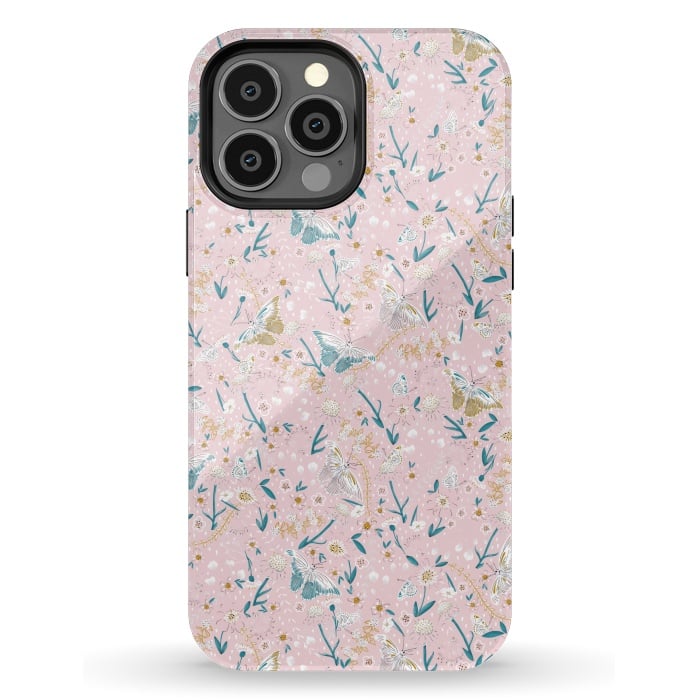 iPhone 13 Pro Max StrongFit Delicate Daisies and Butterflies half-drop repeat pattern on Pink by Paula Ohreen