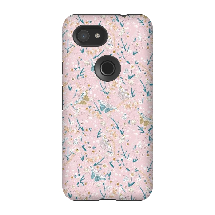 Pixel 3A StrongFit Delicate Daisies and Butterflies half-drop repeat pattern on Pink by Paula Ohreen