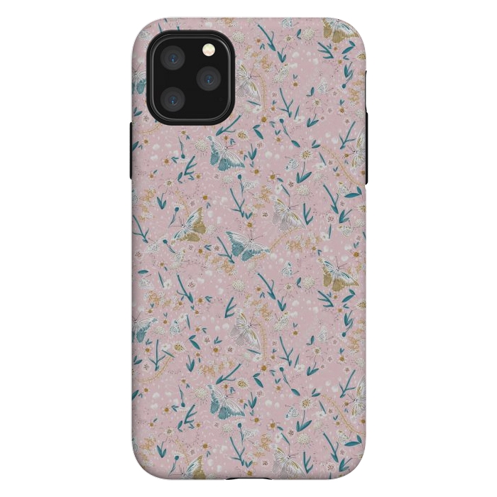 iPhone 11 Pro Max StrongFit Delicate Daisies and Butterflies half-drop repeat pattern on Pink by Paula Ohreen