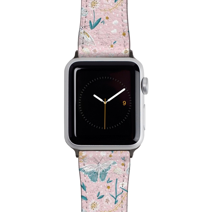 Watch 38mm / 40mm Strap PU leather Delicate Daisies and Butterflies half-drop repeat pattern on Pink by Paula Ohreen
