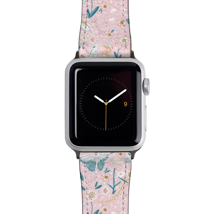 Watch 42mm / 44mm Strap PU leather Delicate Daisies and Butterflies half-drop repeat pattern on Pink by Paula Ohreen
