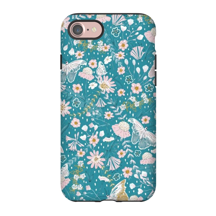 iPhone 7 StrongFit Delicate Daisies and Butterflies half-drop repeat pattern on Blue by Paula Ohreen