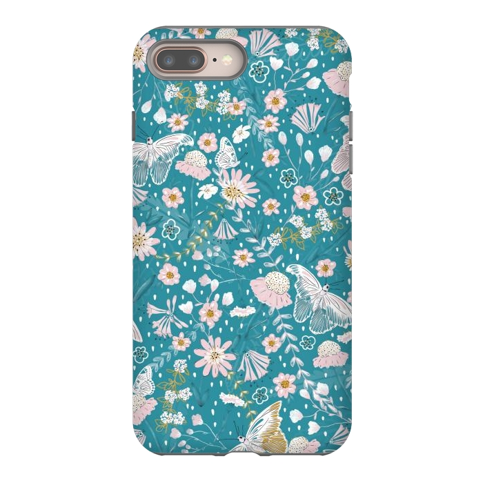 iPhone 7 plus StrongFit Delicate Daisies and Butterflies half-drop repeat pattern on Blue by Paula Ohreen