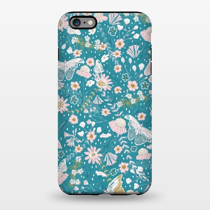 iPhone 6/6s plus StrongFit Delicate Daisies and Butterflies half-drop repeat pattern on Blue by Paula Ohreen