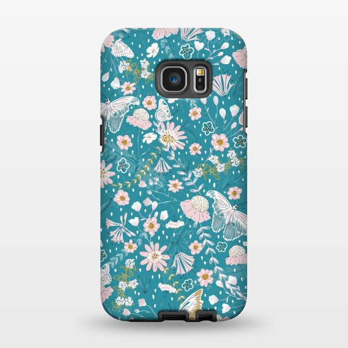 Galaxy S7 EDGE StrongFit Delicate Daisies and Butterflies half-drop repeat pattern on Blue by Paula Ohreen