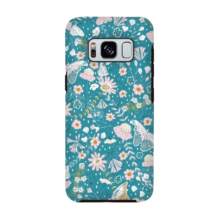 Galaxy S8 StrongFit Delicate Daisies and Butterflies half-drop repeat pattern on Blue by Paula Ohreen