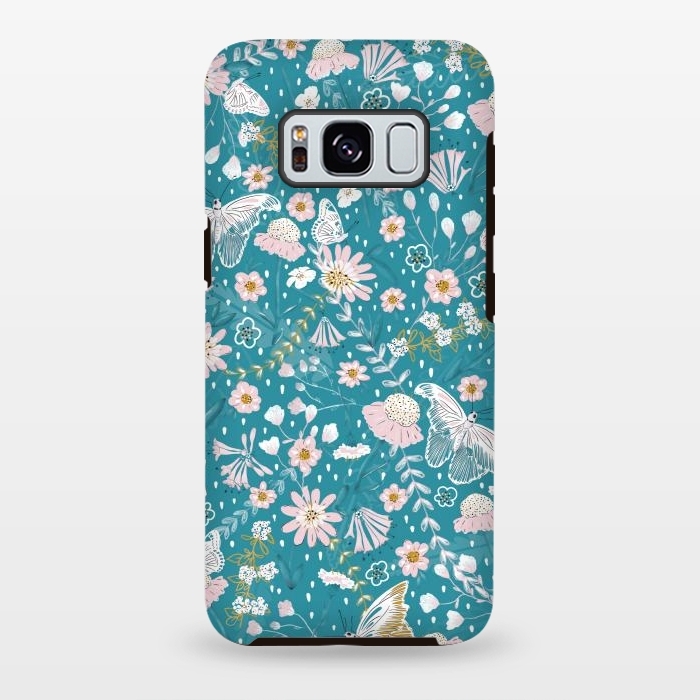 Galaxy S8 plus StrongFit Delicate Daisies and Butterflies half-drop repeat pattern on Blue by Paula Ohreen