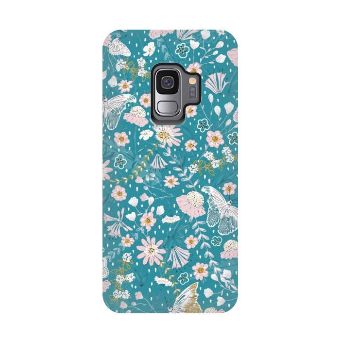 Galaxy S9 StrongFit Delicate Daisies and Butterflies half-drop repeat pattern on Blue by Paula Ohreen