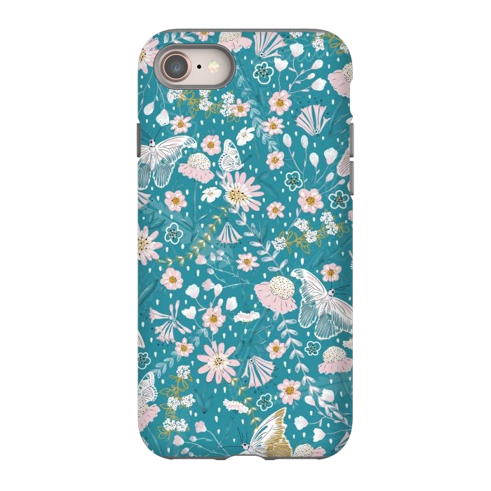 iPhone 8 StrongFit Delicate Daisies and Butterflies half-drop repeat pattern on Blue by Paula Ohreen