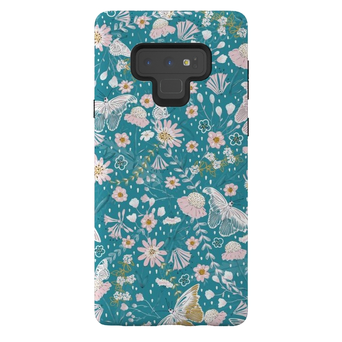 Galaxy Note 9 StrongFit Delicate Daisies and Butterflies half-drop repeat pattern on Blue by Paula Ohreen
