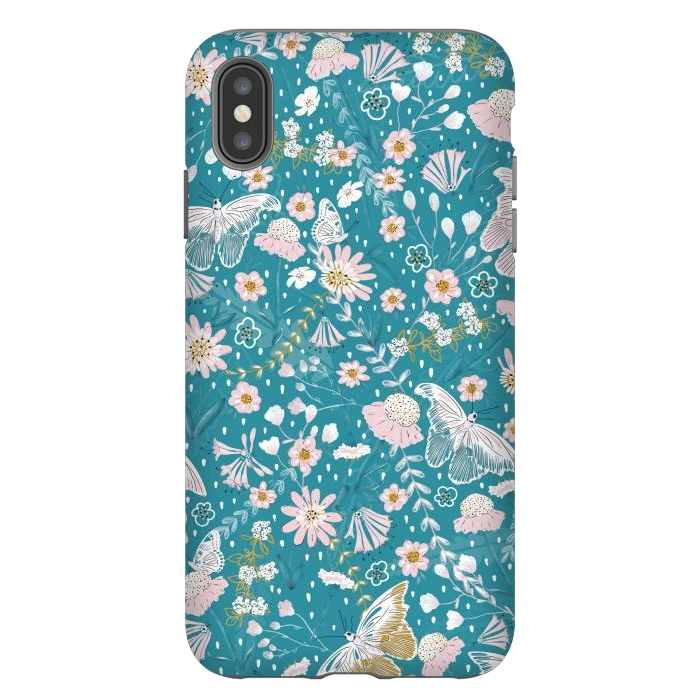 iPhone Xs Max StrongFit Delicate Daisies and Butterflies half-drop repeat pattern on Blue by Paula Ohreen