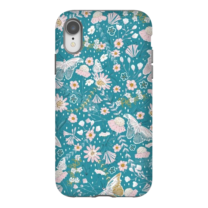 iPhone Xr StrongFit Delicate Daisies and Butterflies half-drop repeat pattern on Blue by Paula Ohreen